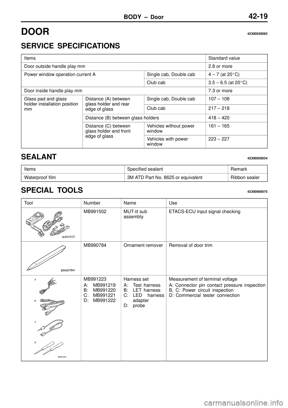 MITSUBISHI TRITON 1997  Workshop Manual S
ta ndard  v a lu e D
oor o uts id e h andle  p la y m m 2
.8  o r m ore P
ow er w in dow  o pera tio n c u rre nt  A S
in gle  c a b,  D ouble  c a b 4
 ±  7  ( a t 2 0C ) C
lu b c a b 3
.5  ±  6