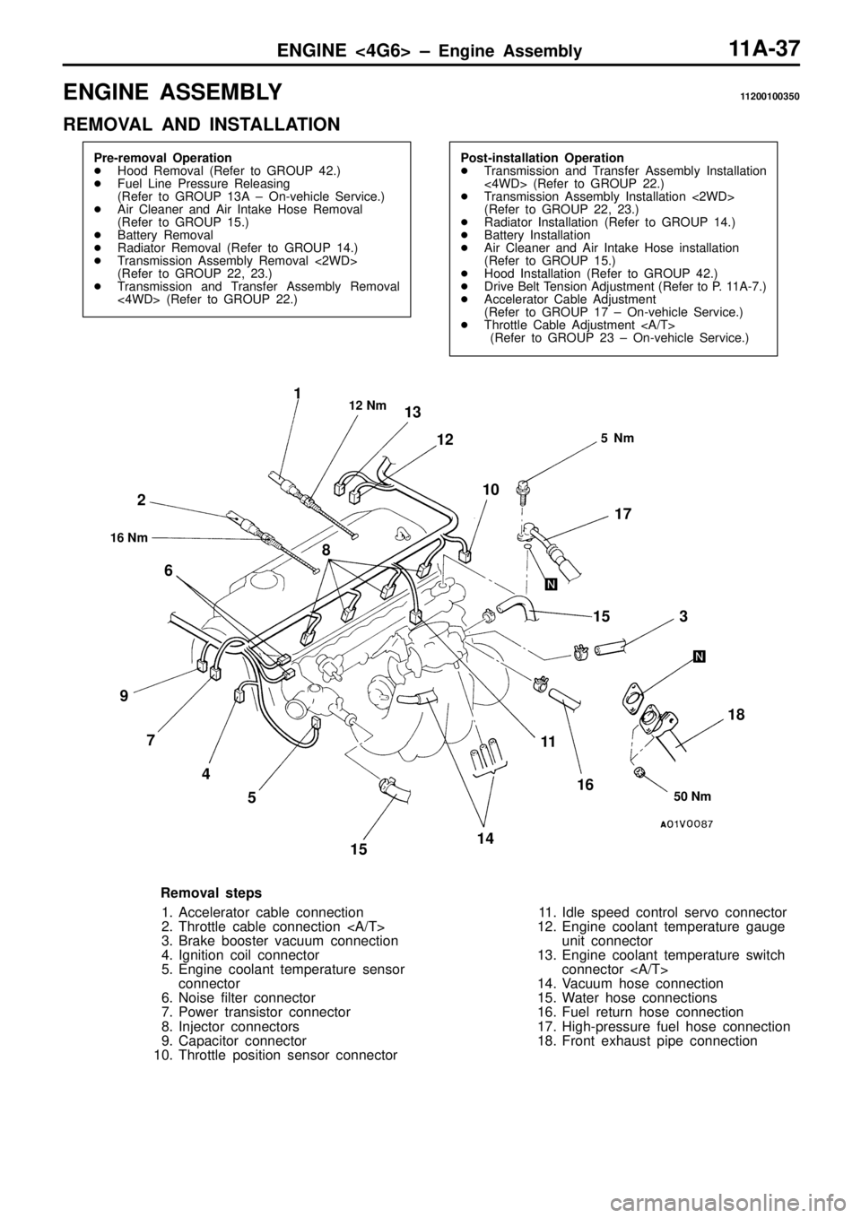 MITSUBISHI TRITON 1997 Manual PDF E
N G IN E  A SSEM BLY 11 200100350
R EM OVA L  A ND  IN STA LLA TIO N 1
6 N m 5
0 N m 5
 N m  