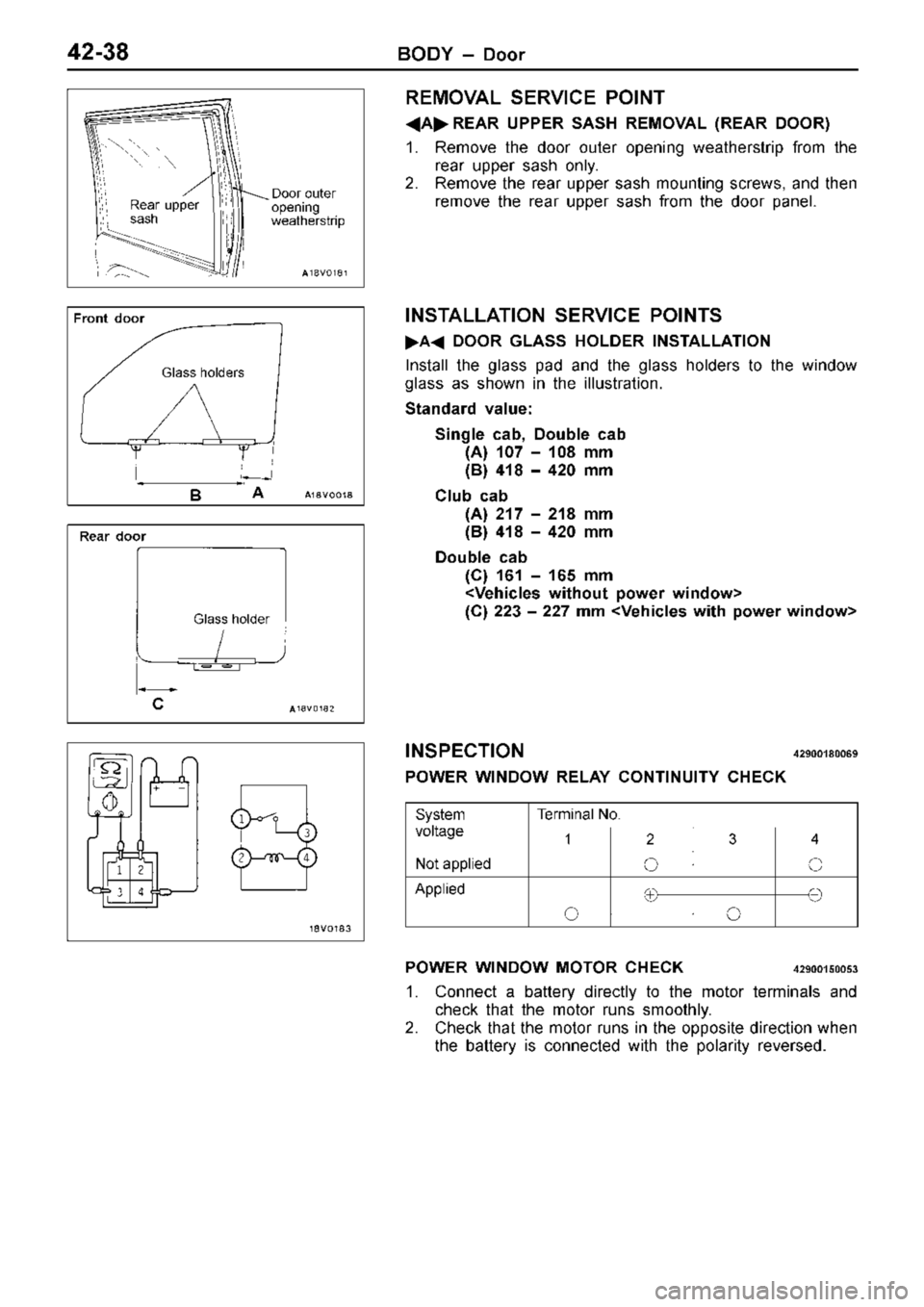 MITSUBISHI TRITON 1997  Workshop Manual l
t T
e rm in al  N o. v
o lt a ge 1 2 3 4
N
ot  a pplie d A
pplie d D
oor o ute r 
o penin g
w eath ers tr ip G
la ss  h old ers 