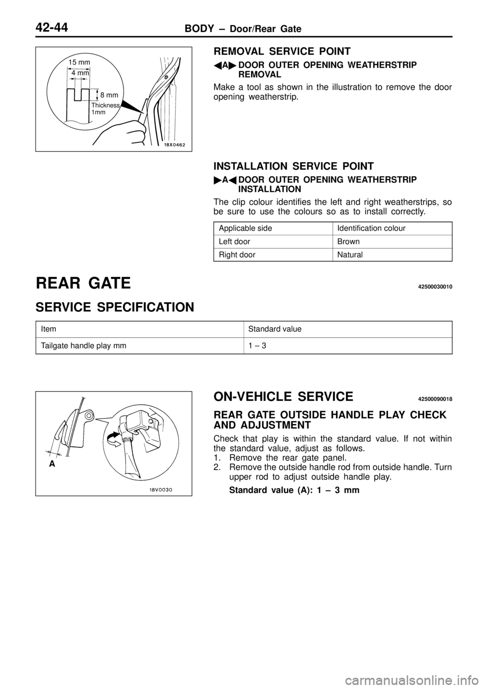 MITSUBISHI TRITON 1997  Workshop Manual I
d entif ic a tio n c o lo ur L
eft  d oor B
ro w n R
ig ht  d oor N
atu ra l S
ta ndard  v a lu e T
a ilg ate  h andle  p la y m m 1
 ±  3   