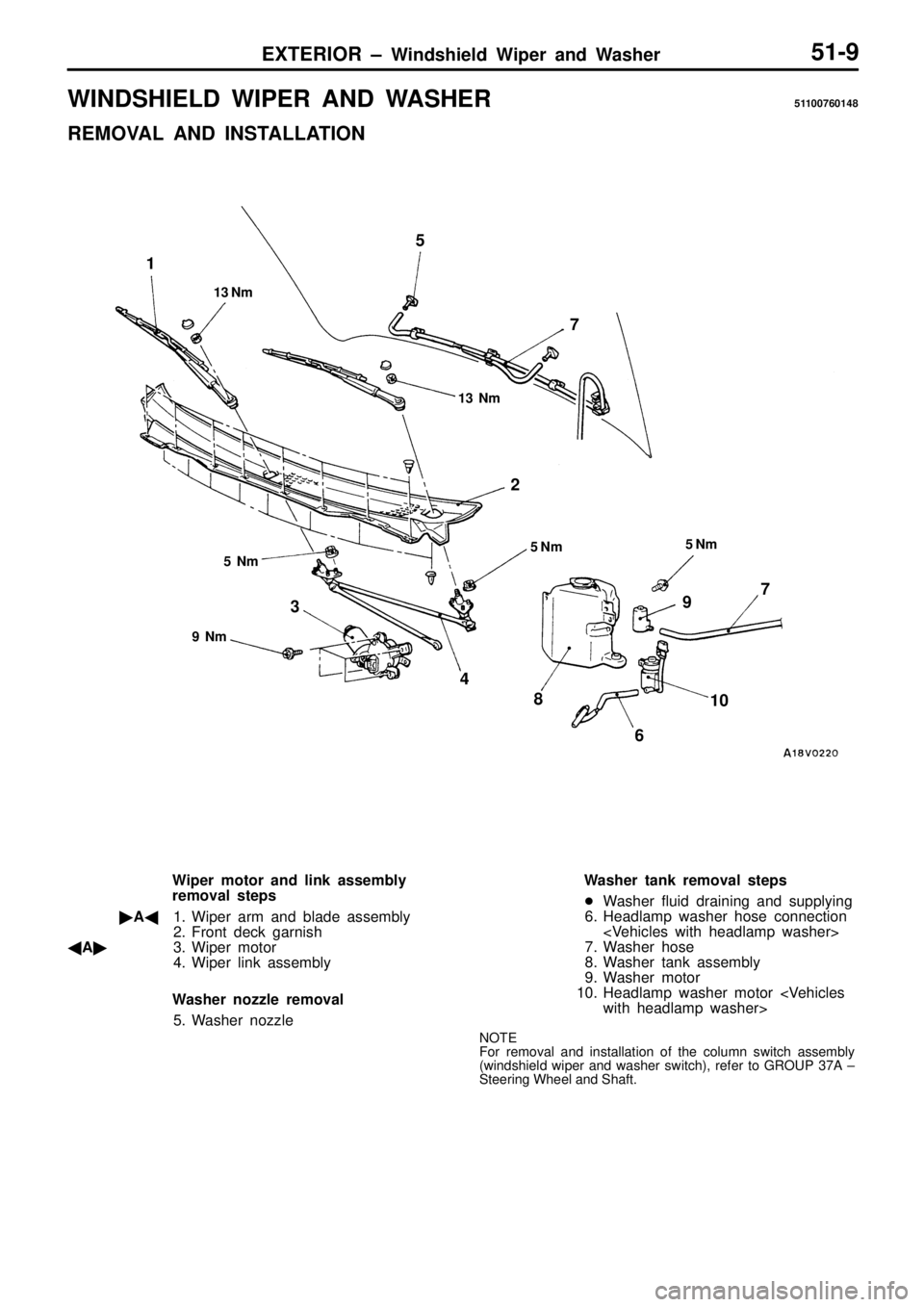 MITSUBISHI TRITON 1997 Workshop Manual W
IN DSH IE LD W IP ER A ND W ASH ER 511 00760148
R EM OVA L A ND IN STA LLA TIO N 1
3 N m 5
N m 5
N m 9
N m
1
2
3 4
5
6
7
8 9
10 7 MITSUBISHI TRITON 1997 Workshop Manual W
IN DSH IE LD W IP ER A ND W ASH ER 511 00760148
R EM OVA L A ND IN STA LLA TIO N 1
3 N m 5
N m 5
N m 9
N m
1
2
3 4
5
6
7
8 9
10 7