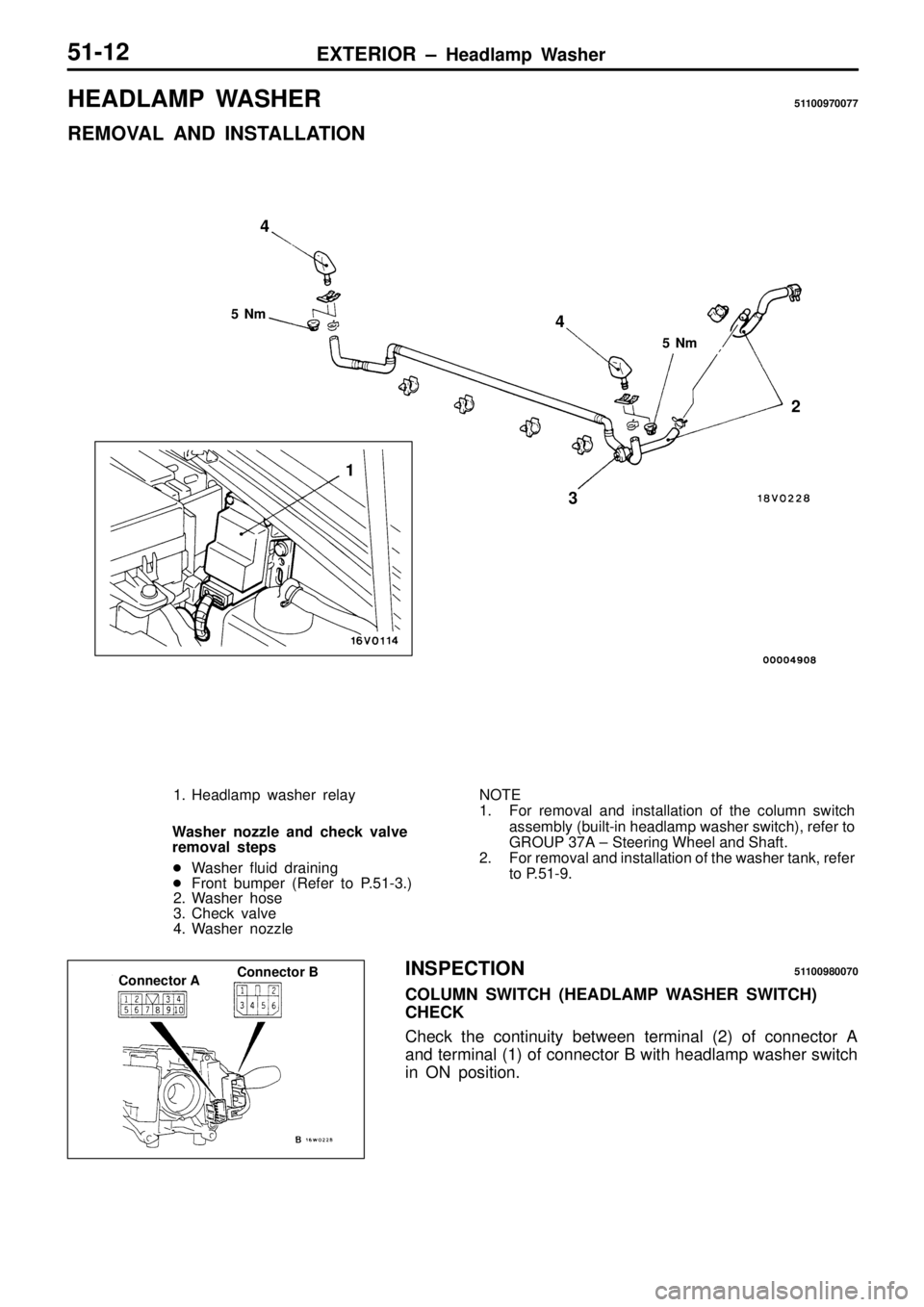 MITSUBISHI TRITON 1997  Workshop Manual H
EA DLA M P  W ASH ER 511 00970077
R EM OVA L  A ND  IN STA LLA TIO N 5
 N m
1 2
3
4 4
1 . H eadla m p w ash er r e la y
W ash er  n ozzle  a n d  c h eck  v alv e
r e m oval s te p s
 Wash er flu i