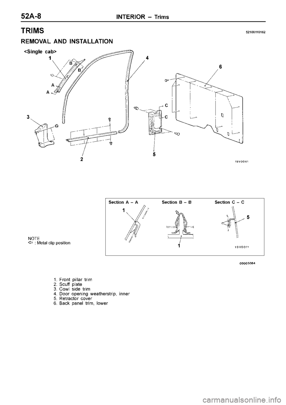 MITSUBISHI TRITON 1997  Workshop Manual T
R IM S 5210011 0162
R EM OVA L  A ND  IN STA LLA TIO N
N O TE
:   M eta l  c lip  p osit io n S
ectio n  B  ±  B S
ectio n  C  ±  C 4
1 . Fro nt p illa r tr im
2 . S cu ff  p la te
3 . C ow l s id