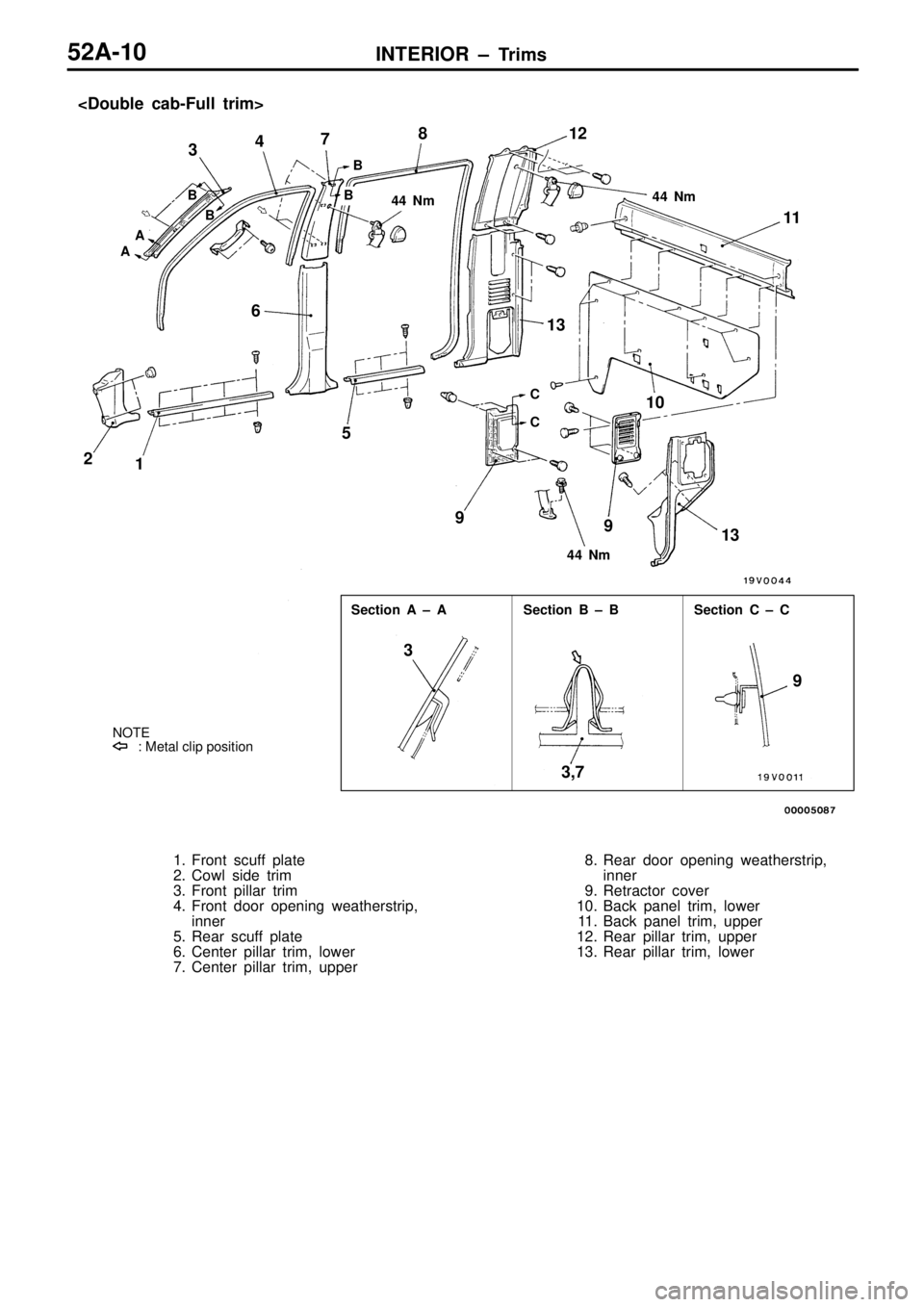 MITSUBISHI TRITON 1997  Workshop Manual S
ectio n  B  ±  B S
ectio n  C  ±  C
N O TE
:   M eta l  c lip  p osit io n 3
3,7 9
1
2 3
4
5
6 7
8
13
1
2
1 3 4
4  N m 4
4  N m
A
A B
B B B
C C
1
1
1 0
9 9  