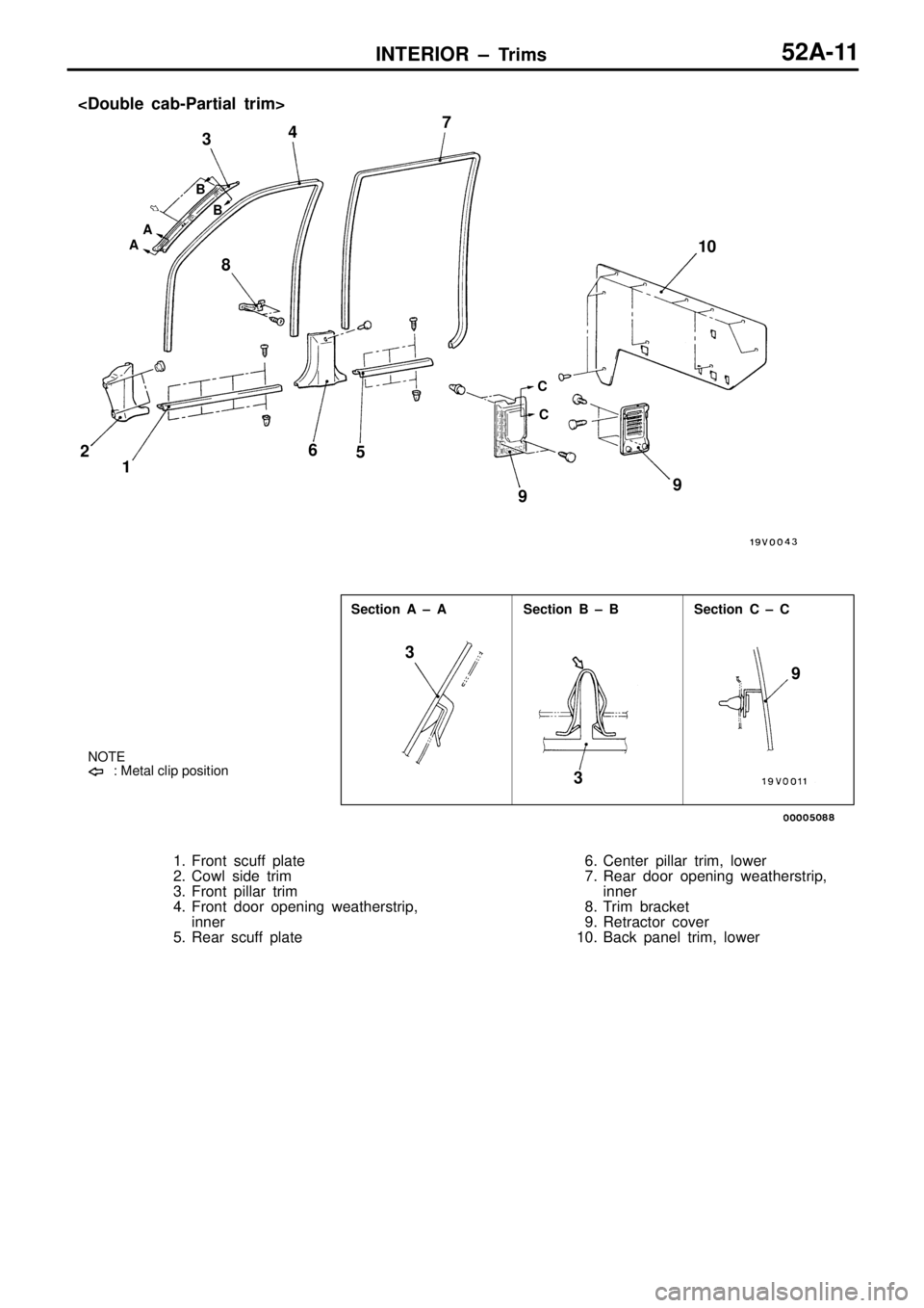 MITSUBISHI TRITON 1997  Workshop Manual S
ectio n  B  ±  B S
ectio n  C  ±  C
N O TE
:   M eta l  c lip  p osit io n 3
3 9
1
2 3
4
5
6 7
8
91
0
C
A
A B
B
9C
1 . Fro nt s cu ff  p la te
2 . C ow l s id e  tr im
3 . Fro nt p illa r tr im
4 