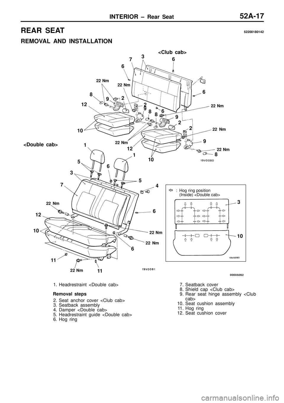MITSUBISHI TRITON 1997  Workshop Manual R
EA R  S EAT 52200180142
R EM OVA L  A ND  IN STA LLA TIO N <
C lu b  c ab >
2 2  N m
2 2  N m
2
2  N m
22  N m
1
0
1
2
1
1
5
5
6
4
3
7
6
1 0
6
1 1
1
1 2
6
6
6
7
3
8 2
2  N m
9 2
2
2  N m
9
2 2  N m 