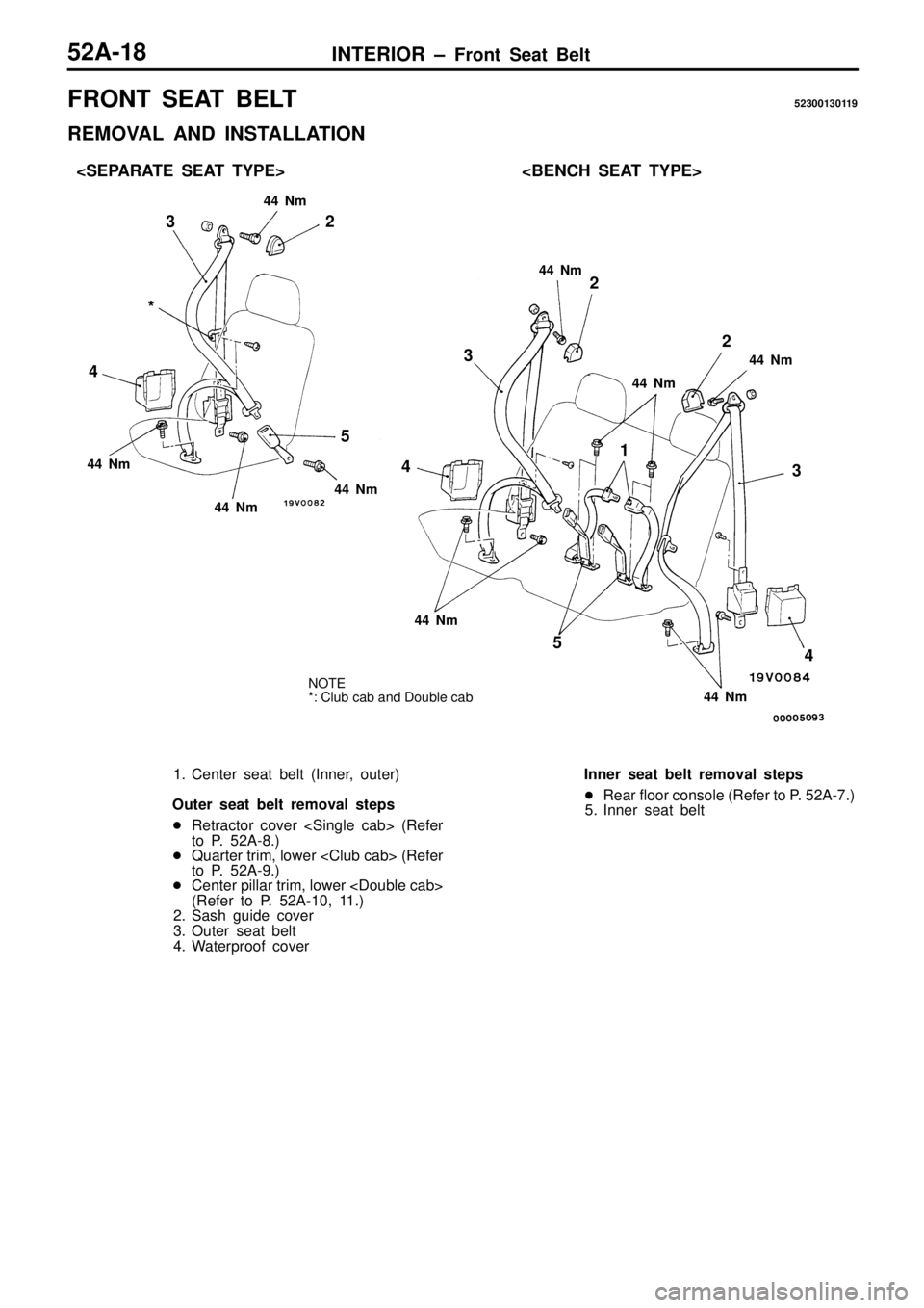 MITSUBISHI TRITON 1997  Workshop Manual F
R O NT  S EAT  B ELT 5230013011 9
R EM OVA L  A ND  IN STA LLA TIO N 4
4  N m 4
4  N m 4
4  N m 4
4  N m
*
2
3
4 5 4
4  N m
2
3
4 1
5 2  