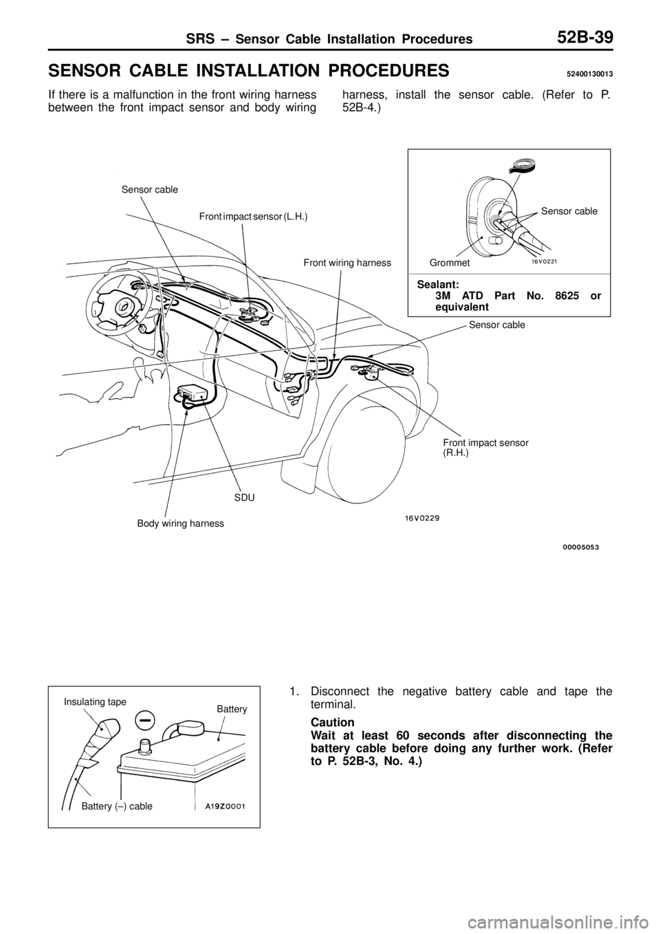 MITSUBISHI TRITON 1997  Workshop Manual S
EN SO R  C ABLE  IN STA LLA TIO N  P R O CED URES 52400130013
I f  th ere  is  a  m alf u nctio n  in  th e  fr o nt w ir in g  h arn ess
b etw een  th e  fr o nt im pact s e nso r a nd  b ody  w ir