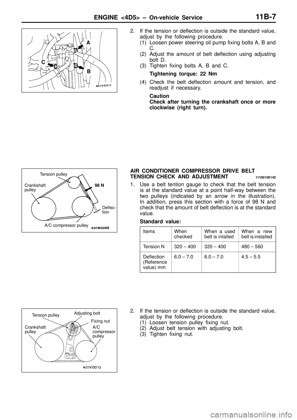 MITSUBISHI TRITON 1997 Manual Online W
hen
c h ecke d W
hen  a  u se d
b elt   is  in ta lle d W
hen  a  n ew
b elt  is  in sta lle d T
e nsio n N 3
20 ±  4 00 3
20 ±  4 00 4
80 ±  5 60 D
efle ctio n
( R efe re nce
v a lu e) m m 6
.0 
