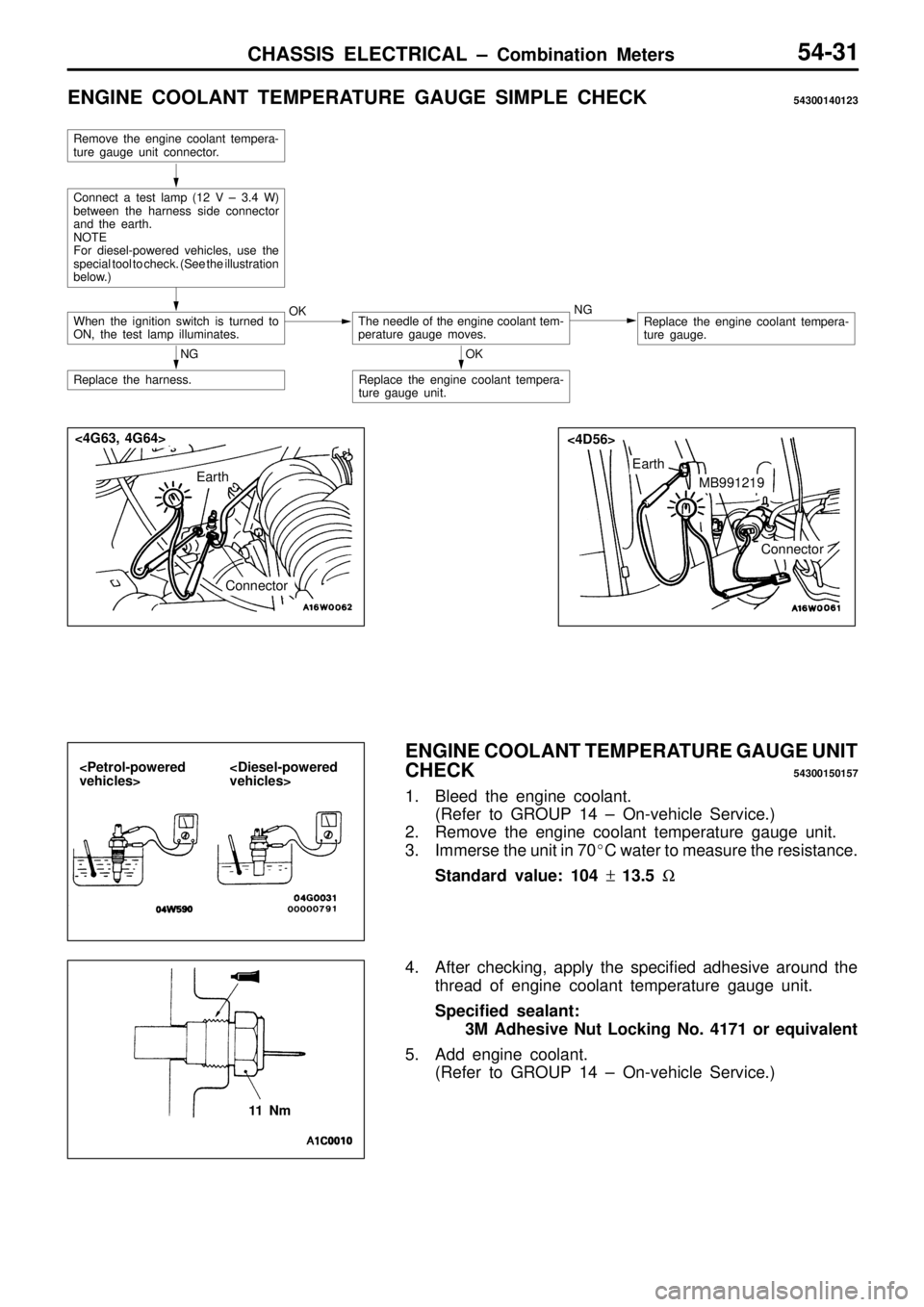 MITSUBISHI TRITON 1997  Workshop Manual C
onnecto r M
B991219 C
onnecto r
5
4-3 1 C
onnect a  te st la m p ( 1 2  V  ±  3 .4  W )
b etw een  th e  h arn ess  s id e  c o nnecto r
a nd  th e  e arth .
N O TE
F or d ie se l- p ow ere d  v e 