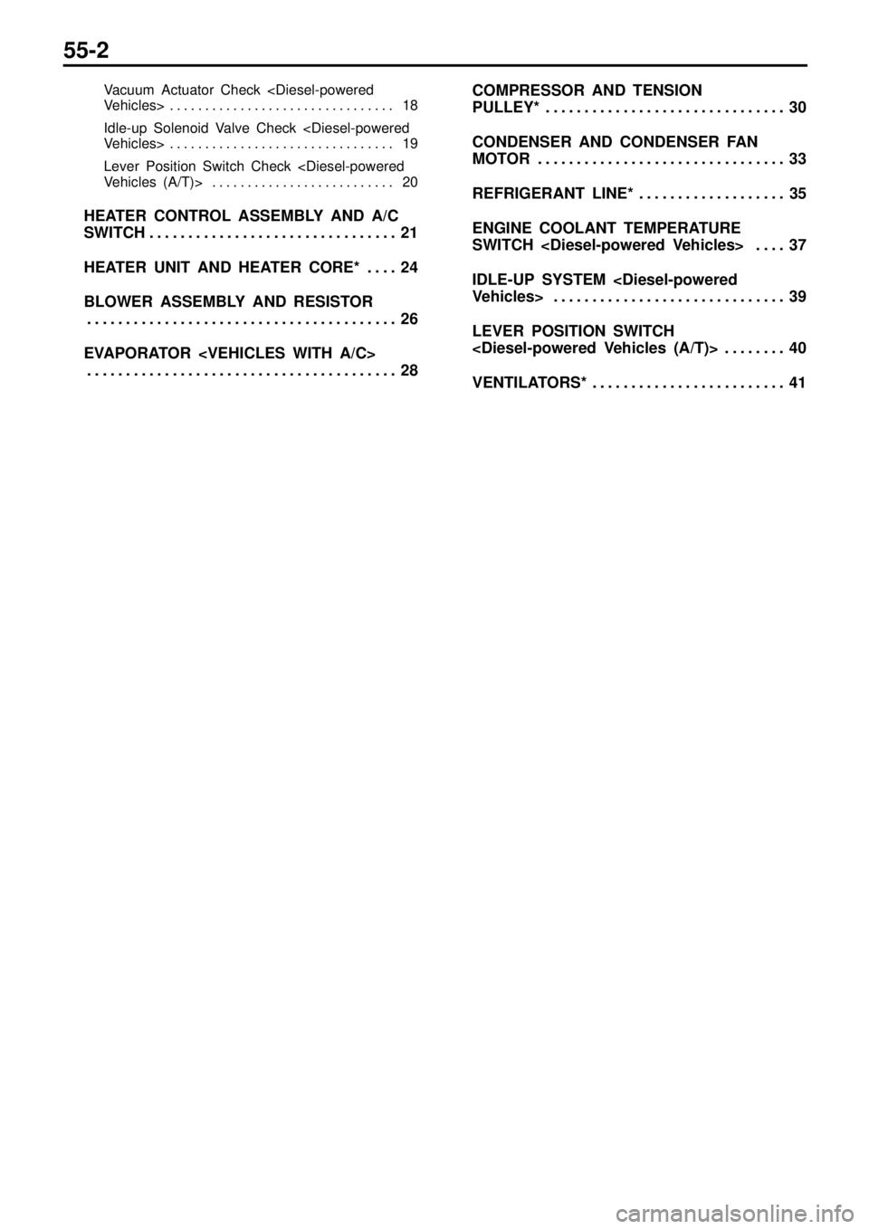 MITSUBISHI TRITON 1997  Workshop Manual 55-2
Vacuum Actuator Check <Diesel-powered
Vehicles> 18. . . . . . . . . . . . . . . . . . . . . . . . . . . . . . . . 
Idle-up Solenoid Valve Check <Diesel-powered
Vehicles> 19. . . . . . . . . . . .
