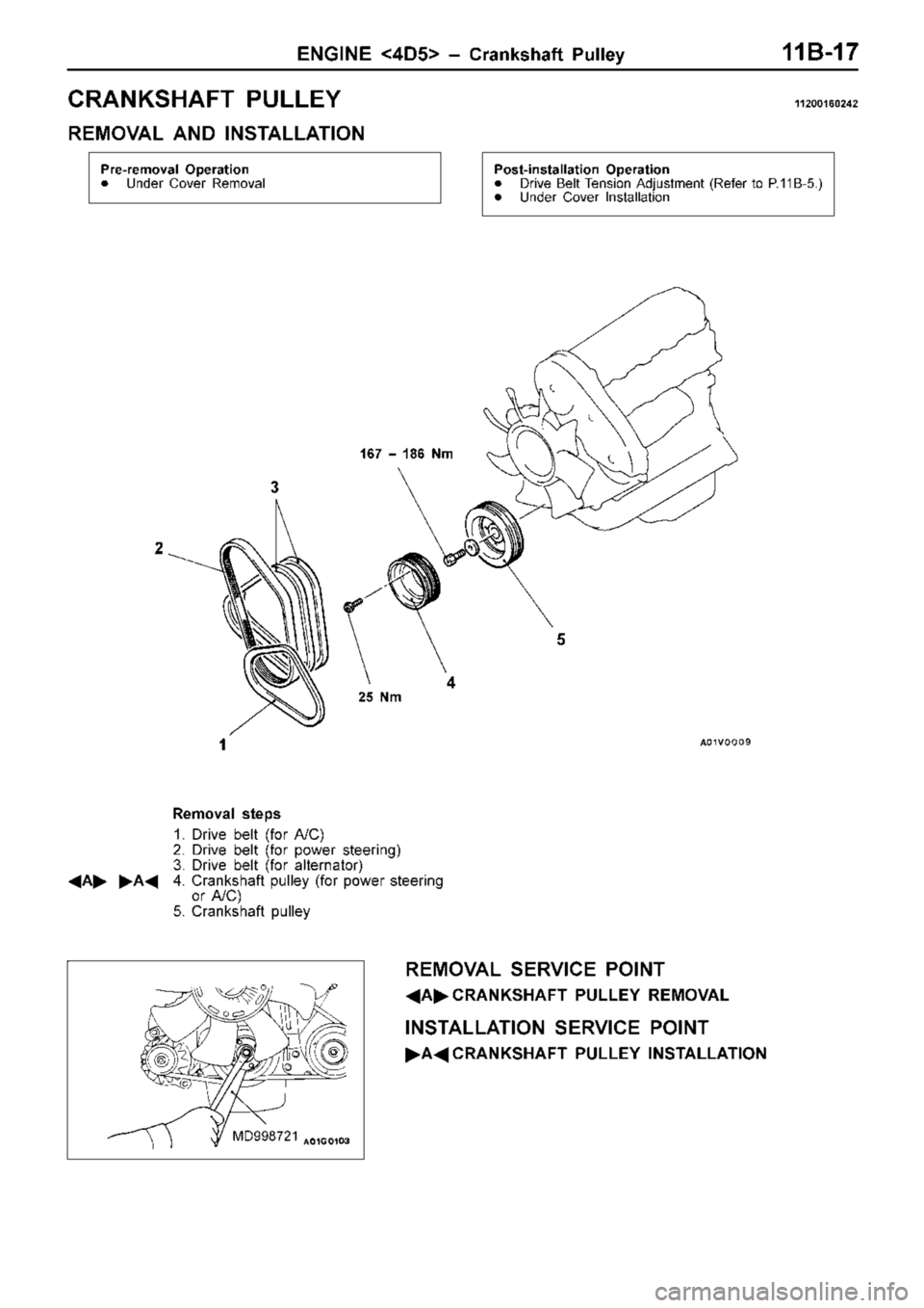 MITSUBISHI TRITON 1997 Owners Manual C
RANKSH AFT P U LLE Y 11 200160242
R EM OVA L A ND IN STA LLA TIO N MITSUBISHI TRITON 1997 Owners Manual C
RANKSH AFT P U LLE Y 11 200160242
R EM OVA L A ND IN STA LLA TIO N