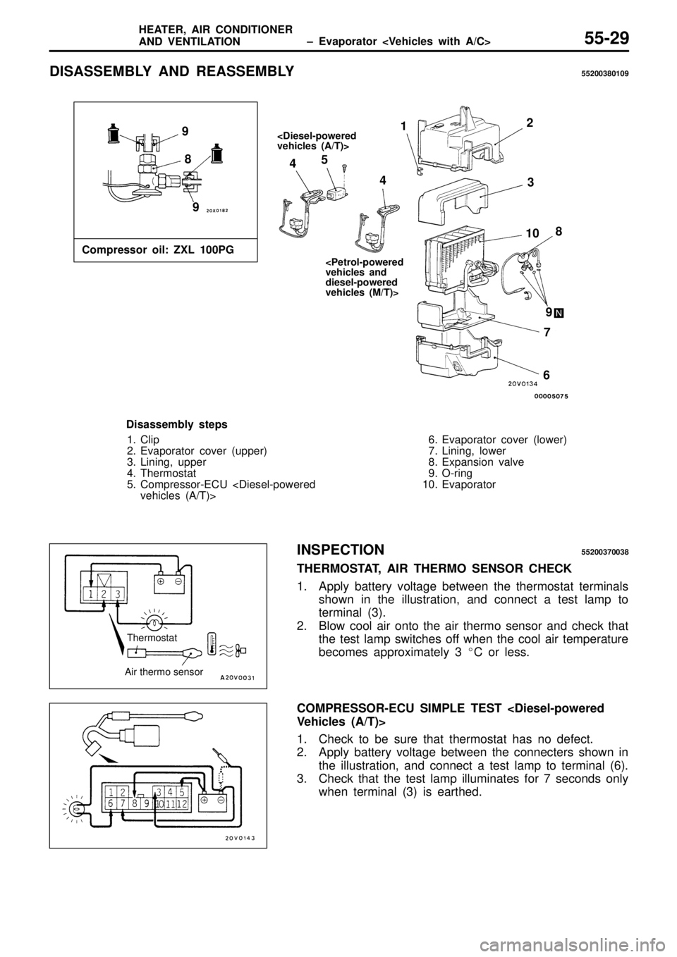 MITSUBISHI TRITON 1997  Workshop Manual <
D ie sel- p ow ere d
v eh ic le s  ( A /T )> 1
5
4
67
8
9
10
9
9 8
2
3
4
D is assem bly  s te p s
1 . C lip
2 . E va pora to r c o ve r ( u pper)
3 . Lin in g, u pper
4 . Therm osta t
5 . C om pre s