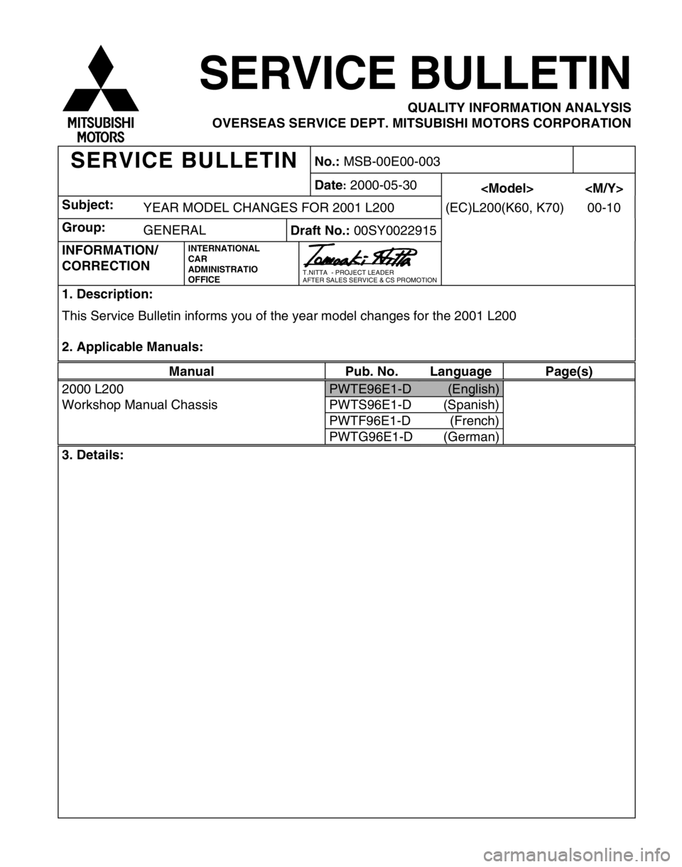 MITSUBISHI TRITON 1997  Workshop Manual S
ubje ct:
YEAR  M ODEL C HAN G ES F O R 2 00 1 L 2 00 (E C )L 2 00 (K 60,  K 70) 00-1 0 M
an ual Pub.  N o. Lan guag e Pag e(s ) P
W TE 96E 1-D (
E nglis h ) W
ork sh op M anua l  C hassis PW TS 96E 