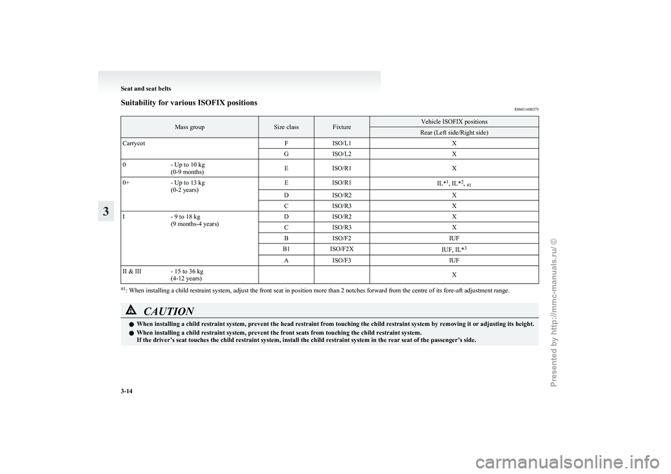 MITSUBISHI I-MIEV 2011  Owners Manual Suitability for various ISOFIX positions
E00411400373Mass group Size class Fixture Vehicle ISOFIX positions
Rear (Left side/Right side)
Carrycot   FISO/L1 X
G ISO/L2 X
0 - Up to 10 kg
(0-9 months) E
I