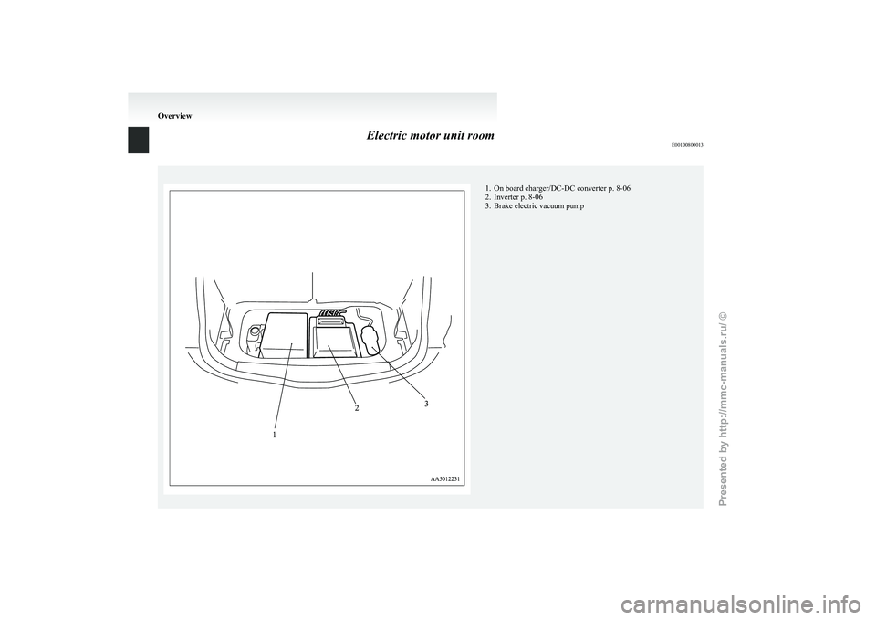 MITSUBISHI I-MIEV 2011  Owners Manual Electric motor unit room
E00100800013 1. On board charger/DC-DC converter p. 8-06
2.
Inverter p. 8-06
3. Brake electric vacuum pump Overview 
Presented  by http://mmc-manuals.ru/  \251  