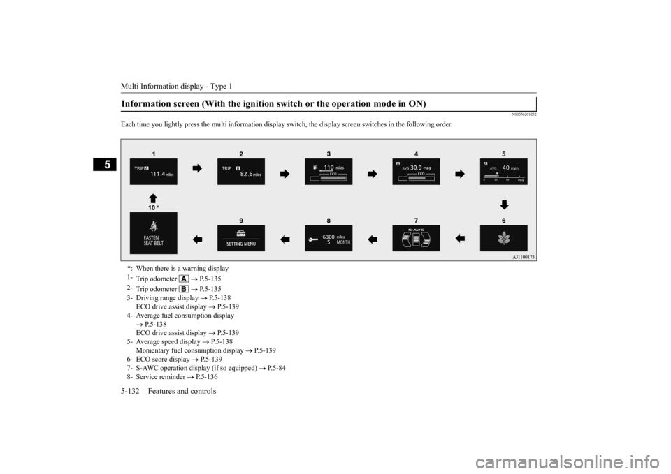 MITSUBISHI OUTLANDER III 2016  Owners Manual Multi Information display - Type 1 5-132 Features and controls
5
N00556201232
Each time you lightly press th 
e multi information display switch, the displa
y screen switches in the following order.
I