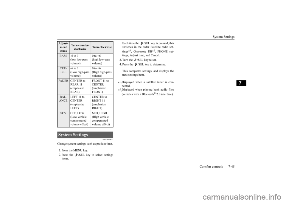 MITSUBISHI OUTLANDER III 2016  Owners Manual System Settings 
Comfort controls 7-45
7
N00718500072
Change system settings  
such as product time. 
1. Press the MENU key. 2. Press the  /SEL key to select settings items. 
Each time the  /SEL key i