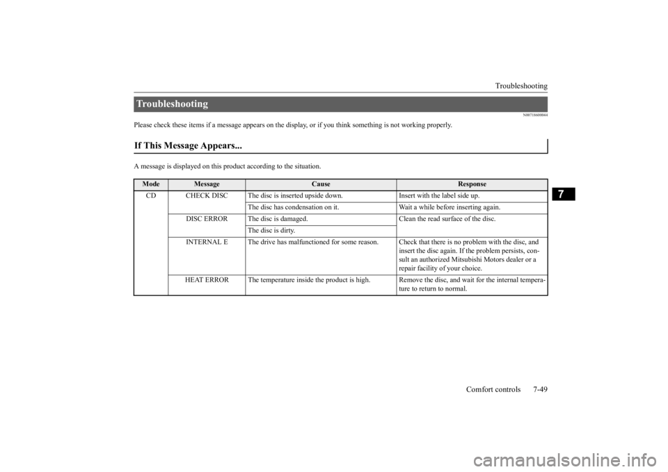 MITSUBISHI OUTLANDER III 2016  Owners Manual Troubleshooting 
Comfort controls 7-49
7
N00718600044
Please check these items if a message appears on the displa 
y, or if you think something is not working properly. 
A message is displayed on this