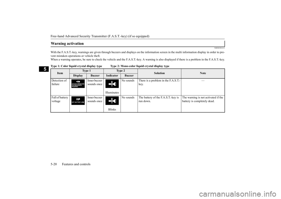 MITSUBISHI OUTLANDER III 2016  Owners Manual Free-hand Advanced 
Security Transmitter (F.A.S
.T.-key) (if so equipped) 
5-20 Features and controls
5
N00503501213
With the F.A.S.T.-key, warnings are given through buzzers and di 
splays on the inf