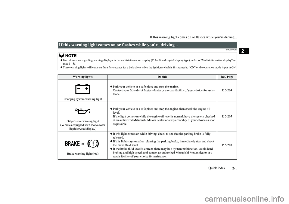 MITSUBISHI OUTLANDER III 2018 User Guide 2-1
2
If this warning light comes on or
 flashes while you’re driving...
Quick index
N00200702289
If this warning light comes on 
or flashes while you’re driving... 
NOTE
For information regard