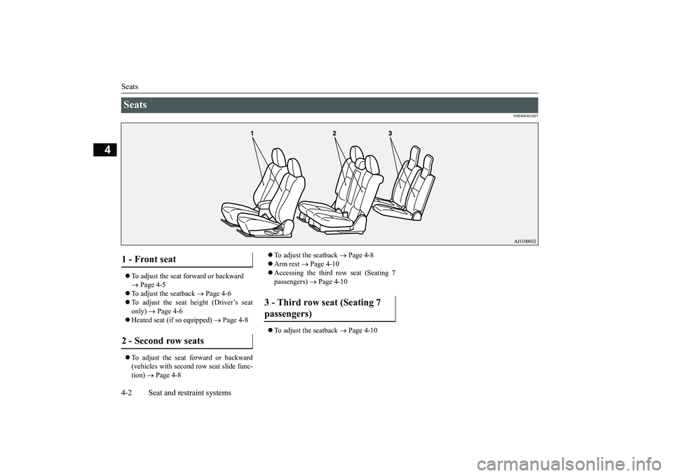 MITSUBISHI OUTLANDER III 2018 Owners Guide Seats4-2 Seat and restraint systems
4
N00408401607
To adjust the seat forward or backward Page 4-5
To adjust the seatback
Page 4-6
To adjust the seat height (Driver’s seatonly)
MITSUBISHI OUTLANDER III 2018 Owners Guide Seats4-2 Seat and restraint systems
4
N00408401607
To adjust the seat forward or backward Page 4-5
To adjust the seatback
Page 4-6
To adjust the seat height (Driver’s seatonly)