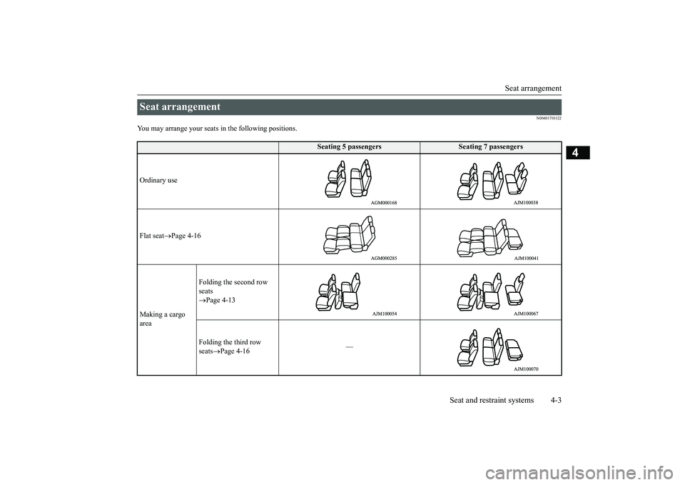 MITSUBISHI OUTLANDER III 2018 Owners Guide Seat arrangement
Seat and restraint systems 4-3
4
N00401701122
You may arrange your seats
in the following positions.
Seat arrangement
Seating 5 passengers
Seating 7 passengers
Ordinary useFlat seat MITSUBISHI OUTLANDER III 2018 Owners Guide Seat arrangement
Seat and restraint systems 4-3
4
N00401701122
You may arrange your seats
in the following positions.
Seat arrangement
Seating 5 passengers
Seating 7 passengers
Ordinary useFlat seat
