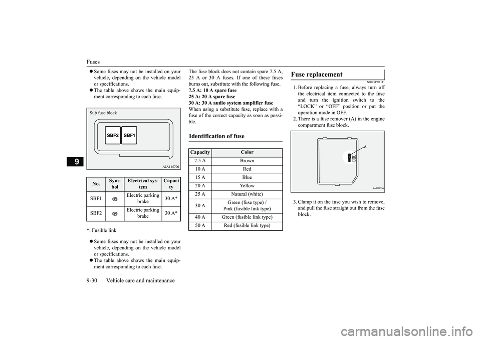 MITSUBISHI OUTLANDER III 2018  Owners Manual Fuses9-30 Vehicle care and maintenance
9
Some fuses may not be installed on yourvehicle, depending on the vehicle modelor specifications.The table above shows the main equip-ment corresponding t