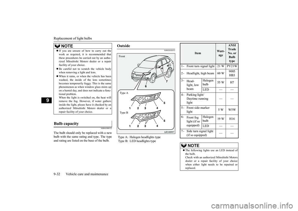 MITSUBISHI OUTLANDER III 2018 Owners Manual Replacement of light bulbs9-32 Vehicle care and maintenance
9
N00943000132
The bulb should only be replaced with a newbulb with the same rating and type. The typeand rating are listed on the base of t MITSUBISHI OUTLANDER III 2018 Owners Manual Replacement of light bulbs9-32 Vehicle care and maintenance
9
N00943000132
The bulb should only be replaced with a newbulb with the same rating and type. The typeand rating are listed on the base of t
