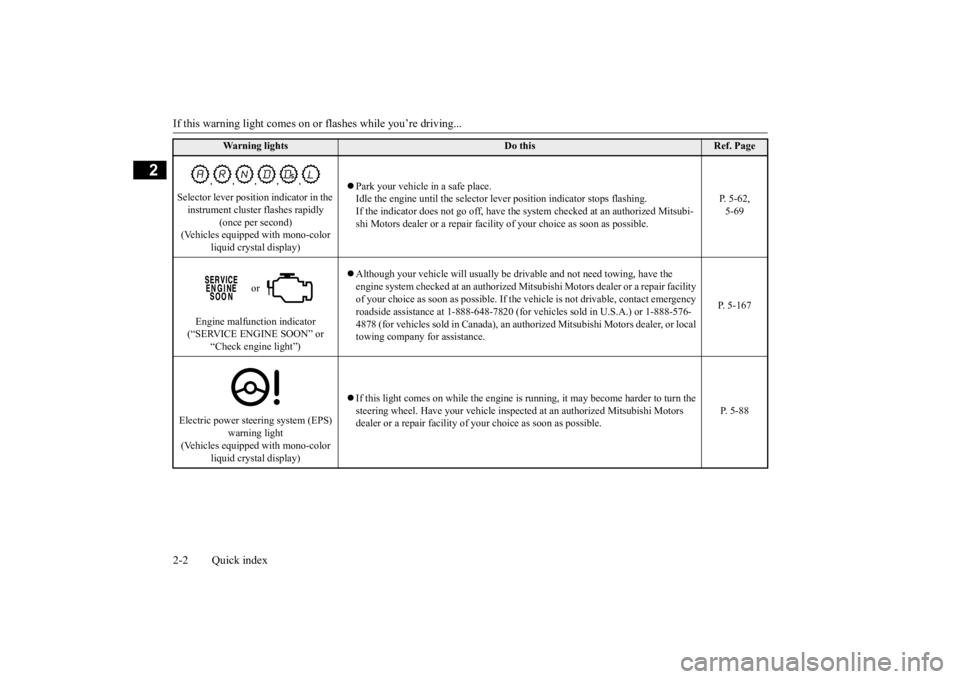 MITSUBISHI OUTLANDER III 2015  Owners Manual If this warning light comes on or flashes while you’re driving... 2-2 Quick index
2
Selector lever position indicator in the  instrument cluster flashes rapidly  
(once per second)
(Vehicles equippe