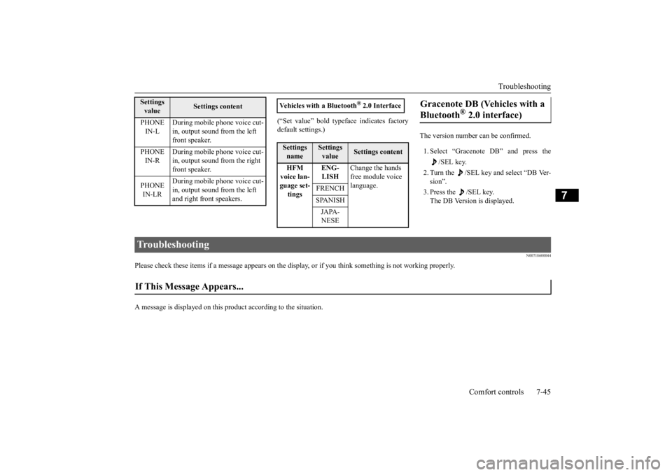 MITSUBISHI OUTLANDER III 2015 Owners Manual Troubleshooting
Comfort controls 7-45
7
(“Set value” bold typefa
ce indicates factory
default settings.)
The version number can be confirmed. 1. Select “Gracenote DB” and press the
/SEL k MITSUBISHI OUTLANDER III 2015 Owners Manual Troubleshooting
Comfort controls 7-45
7
(“Set value” bold typefa
ce indicates factory
default settings.)
The version number can be confirmed. 1. Select “Gracenote DB” and press the
/SEL k