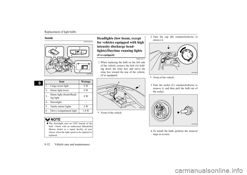 MITSUBISHI OUTLANDER III 2015 Owners Manual Replacement of light bulbs 9-32 Vehicle care and maintenance
9
N00950401656
N00901801131
1. When replacing the bulb on the left side of the vehicle, remo
ve the bolt (A) hold-
ing down the relay bo MITSUBISHI OUTLANDER III 2015 Owners Manual Replacement of light bulbs 9-32 Vehicle care and maintenance
9
N00950401656
N00901801131
1. When replacing the bulb on the left side of the vehicle, remo
ve the bolt (A) hold-
ing down the relay bo