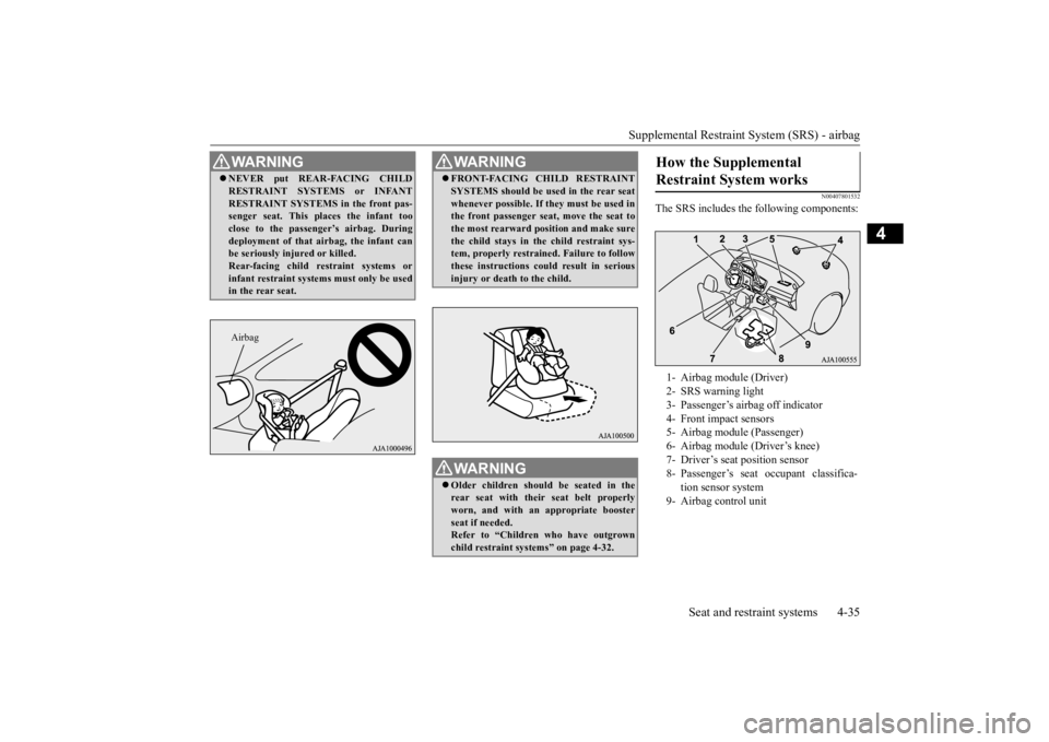 MITSUBISHI OUTLANDER III 2015 Repair Manual Supplemental Restraint System (SRS) - airbag
Seat and restraint systems 4-35
4
N00407801532
The SRS includes the following components:
WA R N I N G NEVER put REAR-FACING CHILD RESTRAINT SYSTEMS or MITSUBISHI OUTLANDER III 2015 Repair Manual Supplemental Restraint System (SRS) - airbag
Seat and restraint systems 4-35
4
N00407801532
The SRS includes the following components:
WA R N I N G NEVER put REAR-FACING CHILD RESTRAINT SYSTEMS or