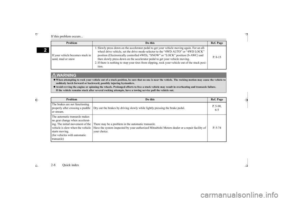 MITSUBISHI OUTLANDER III 2017 User Guide If this problem occurs... 2-8 Quick index
2
If your vehicle becomes stuck in sand, mud or snow
1. Slowly press down on the accelerator pedal to
get your vehicle moving again. For an all-
wheel dr MITSUBISHI OUTLANDER III 2017 User Guide If this problem occurs... 2-8 Quick index
2
If your vehicle becomes stuck in sand, mud or snow
1. Slowly press down on the accelerator pedal to
get your vehicle moving again. For an all-
wheel dr