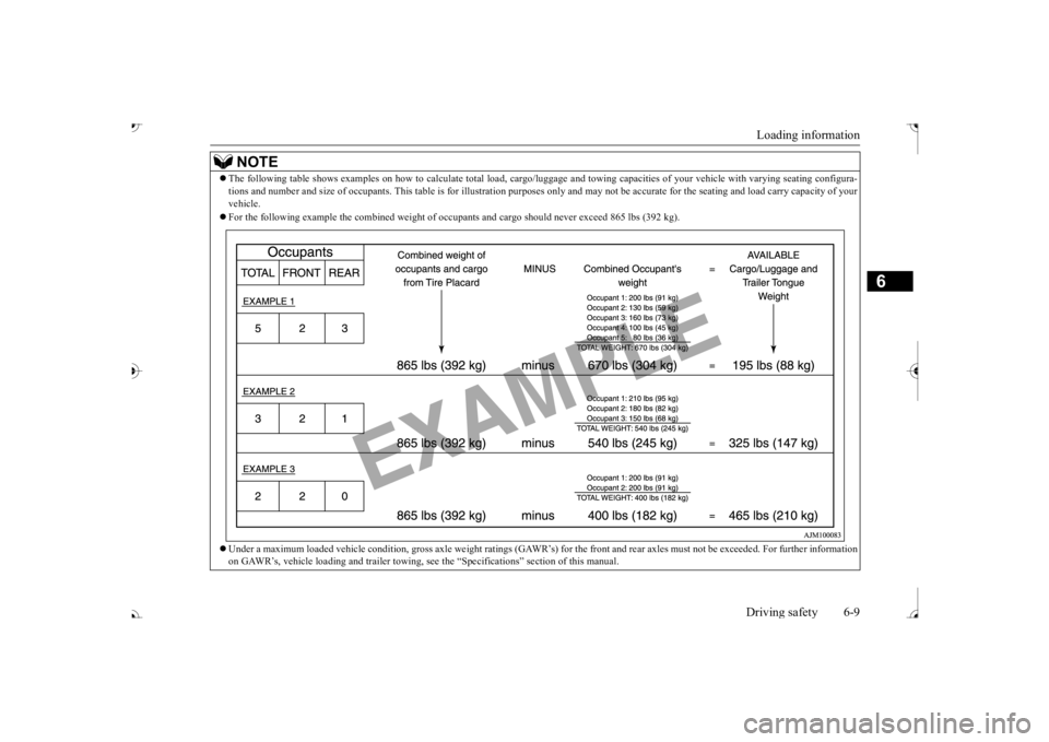 MITSUBISHI OUTLANDER III 2017  Owners Manual Loading information Driving safety 6-9
6
NOTE
 The following table shows examples on how to
 calculate tota
l load, cargo/luggage and towing capa
cities of your vehicle with var
ying seating config