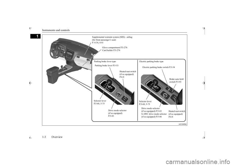 MITSUBISHI OUTLANDER III 2017  Owners Manual Instruments and controls 1-3 Overview
1 
Supplemental restraint system (SRS) - airbag  (for front passenger’s seat)  P. 4-34, 4-41 
Glove compartment P.5-276 Card holder P.5-276 
Selector lever  P.5