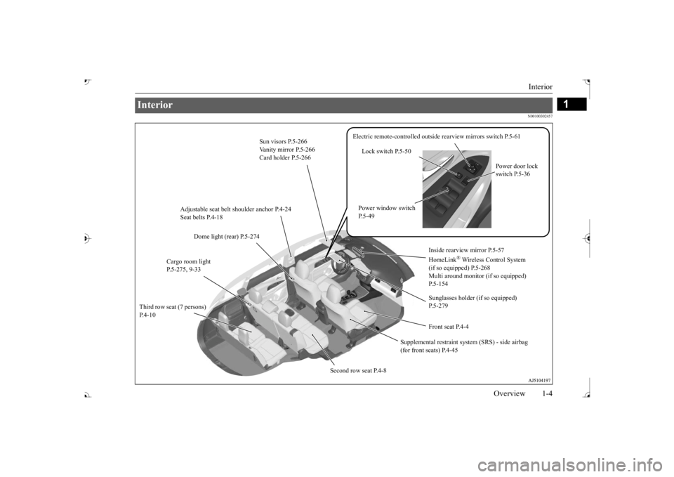 MITSUBISHI OUTLANDER III 2017  Owners Manual Interior 
Overview 1-4
1
N00100302457
Interior  
Sun visors P.5-266 Vanity mirror P.5-266Card holder P.5-266 
Supplemental restraint system (SRS) - side airbag  (for front seats) P.4-45 
Sunglasses ho