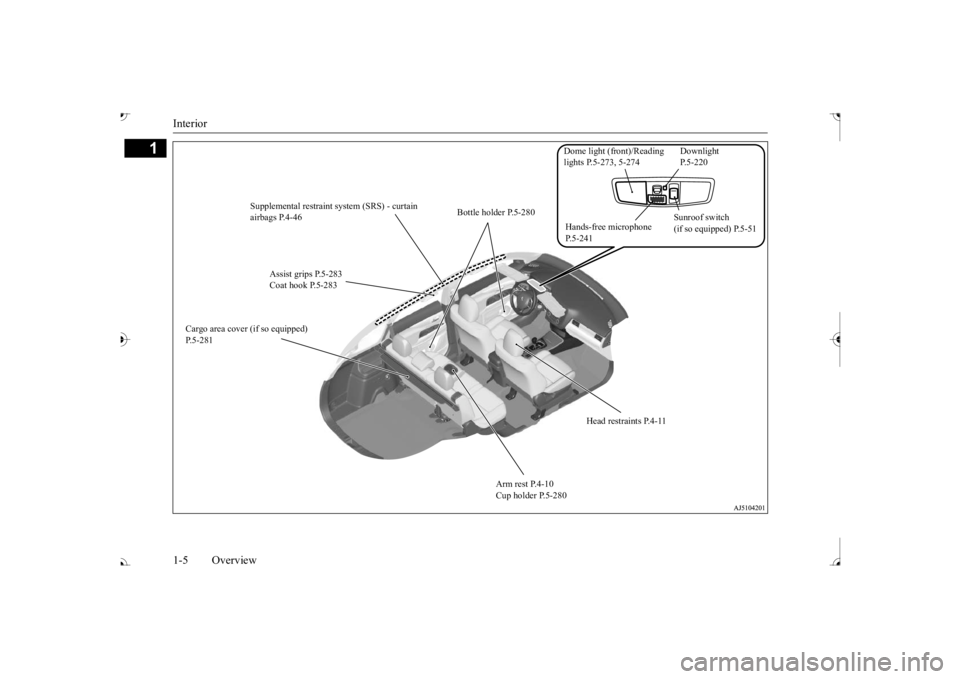 MITSUBISHI OUTLANDER III 2017  Owners Manual Interior 1-5 Overview
1
Assist grips P.5-283 Coat hook P.5-283 
Bottle holder P.5-280 
Sunroof switch  (if so equipped) P.5-51 
Head restraints P.4-11 
Arm rest P.4-10 Cup holder P.5-280 
Cargo area c