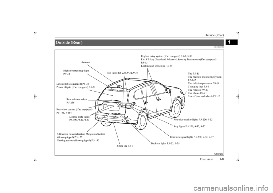 MITSUBISHI OUTLANDER III 2017  Owners Manual Outside (Rear) 
Overview 1-8
1
N00100602708
Outside (Rear) 
Keyless entry system (if so equipped) P.5-7, 5-30 F.A.S.T.-key (Free-hand Advanced Se 
curity Transmitter) (if so equipped)  
P.5-13 Locking