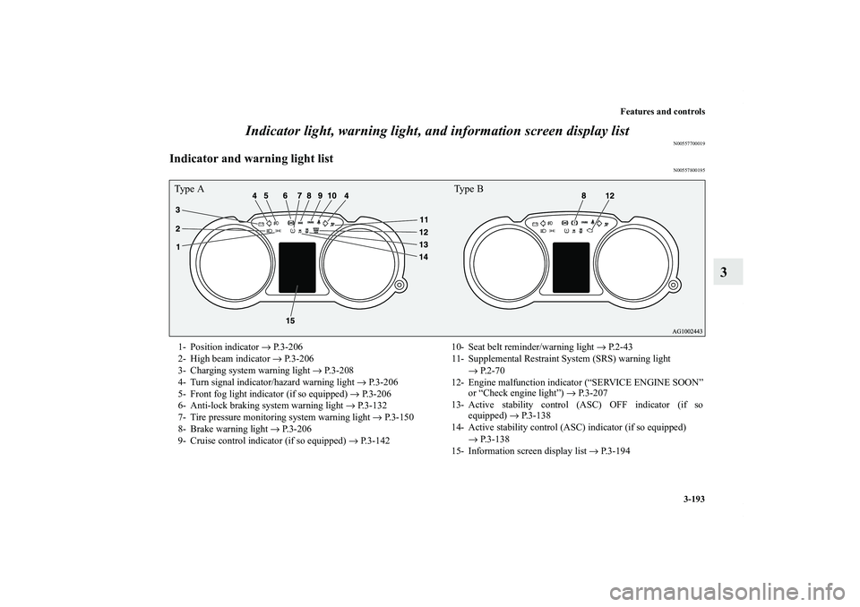 MITSUBISHI OUTLANDER XL 2011  Owners Manual Features and controls
3-193
3 Indicator light, warning light, and information screen display list
N00557700019
Indicator and warning light list
N00557800195
Type A Type B1- Position indicator → P.3-