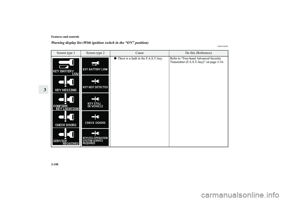 MITSUBISHI OUTLANDER XL 2011  Owners Manual 3-198 Features and controls
3
Warning display list (With ignition switch in the “ON” position)
N00558100209
Screen type 1
Screen type 2
Cause
Do this (Reference)
There is a fault in the F.A.S.T.-