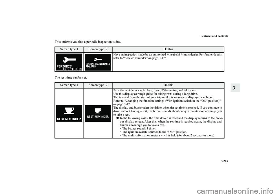 MITSUBISHI OUTLANDER XL 2011  Owners Manual Features and controls
3-205
3
This informs you that a periodic inspection is due.
The rest time can be set.
Screen type 1
Screen type  2
Do this
Have an inspection made by an authorized Mitsubishi Mot