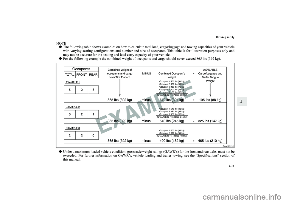 MITSUBISHI OUTLANDER XL 2011  Owners Manual Driving safety
4-11
4
NOTEThe following table shows examples on how to calculate total load, cargo/luggage and towing capacities of your vehicle
with varying seating configurations and number and siz