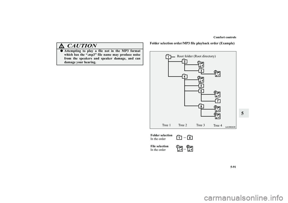 MITSUBISHI OUTLANDER XL 2011  Owners Manual Comfort controls
5-91
5
Folder selection order/MP3 file playback order (Example)
CAUTION
!Attempting to play a file not in the MP3 format
which has the “.mp3” file name may produce noise
from the