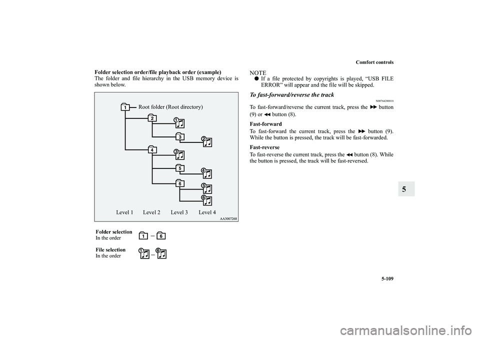 MITSUBISHI OUTLANDER XL 2011  Owners Manual Comfort controls
5-109
5
Folder selection order/file playback order (example)
The folder and file hierarchy in the USB memory device is
shown below.
NOTEIf a file protected by copyrights is played, 