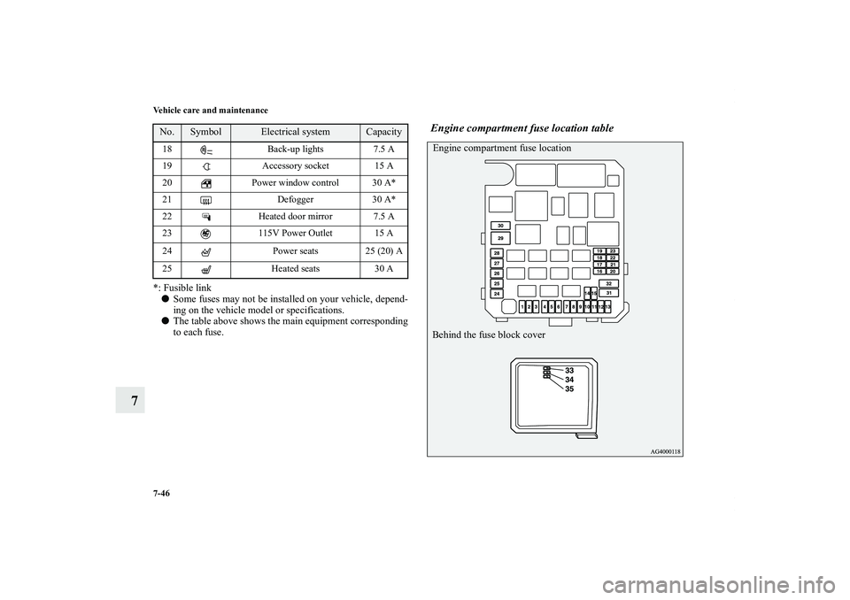 MITSUBISHI OUTLANDER XL 2011  Owners Manual 7-46 Vehicle care and maintenance
7
*: Fusible link
Some fuses may not be installed on your vehicle, depend-
ing on the vehicle model or specifications.
The table above shows the main equipment corr