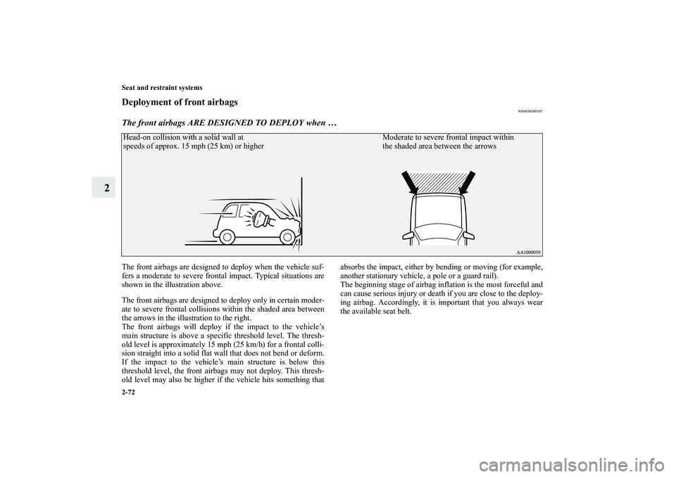 MITSUBISHI OUTLANDER XL 2011  Owners Manual 2-72 Seat and restraint systems
2
Deployment of front airbags
N00408000547
The front airbags ARE DESIGNED TO DEPLOY when …The front airbags are designed to deploy when the vehicle suf-
fers a modera