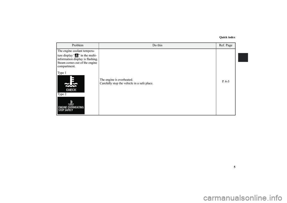 MITSUBISHI OUTLANDER XL 2010 User Guide Quick index
5
Problem
Do this
Ref. Page
The engine coolant tempera-
ture display “ ” in the multi-
information display is flashing.
Steam comes out of the engine 
compartment.
Ty p e  1
Ty p e  2T