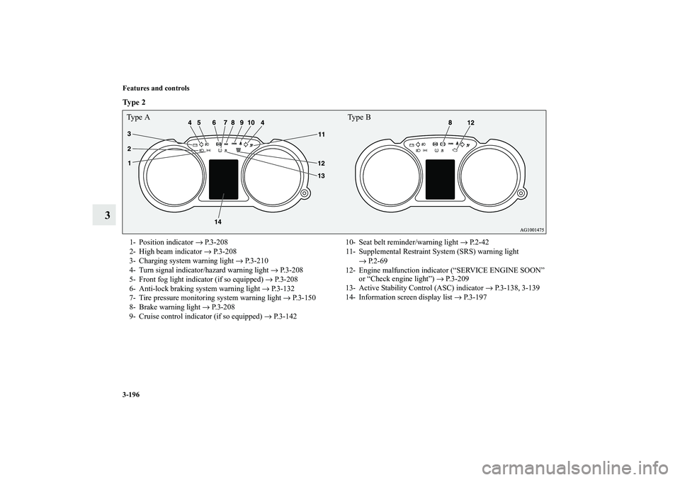 MITSUBISHI OUTLANDER XL 2010  Owners Manual 3-196 Features and controls
3
Ty p e  2
  Type A Type B1- Position indicator → P.3-208
2- High beam indicator → P.3-208
3- Charging system warning light → P.3-210
4- Turn signal indicator/hazard