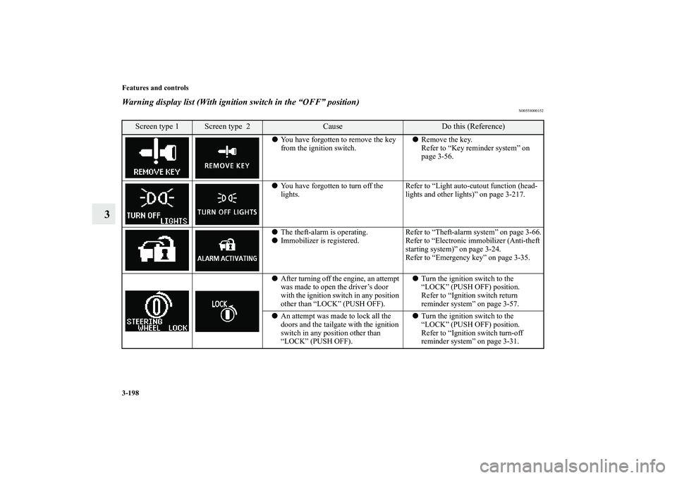 MITSUBISHI OUTLANDER XL 2010  Owners Manual 3-198 Features and controls
3
Warning display list (With ignition switch in the “OFF” position)
N00558000152
Screen type 1
Screen type  2
Cause
Do this (Reference)
You have forgotten to remove th